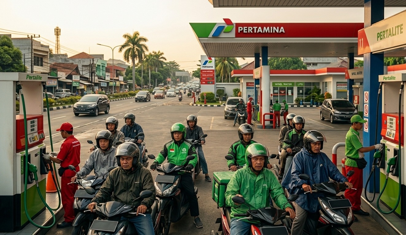Doc. Suasana sejumlah pengendara motor dan ojek daring saat mengantre pengisian BBM jenis Pertalite di sebuah SPBU reguler. Foto ini mengilustrasikan ketergantungan masyarakat terhadap akses BBM bersubsidi di tengah kekhawatiran atas fluktuasi harga energi dan beban ekonomi harian.