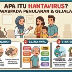 Dco. Ilustrasi edukatif ini merangkum poin-poin penting mengenai Hantavirus yang perlu diwaspadai masyarakat. Gambar ini menjelaskan tiga aspek utama: (1) Cara Penularan, melalui inhalasi partikel kotoran tikus, kontak langsung, atau gigitan; (2) Gejala Awal, seperti demam tinggi, nyeri otot, dan sakit kepala hebat; serta (3) Strategi Pencegahan, yang meliputi menjaga kebersihan lingkungan dengan desinfektan, mengontrol populasi tikus di rumah, dan segera memeriksakan diri ke dokter jika mengalami gejala setelah terpapar lingkungan yang berisiko.