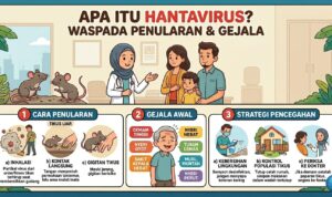 Dco. Ilustrasi edukatif ini merangkum poin-poin penting mengenai Hantavirus yang perlu diwaspadai masyarakat. Gambar ini menjelaskan tiga aspek utama: (1) Cara Penularan, melalui inhalasi partikel kotoran tikus, kontak langsung, atau gigitan; (2) Gejala Awal, seperti demam tinggi, nyeri otot, dan sakit kepala hebat; serta (3) Strategi Pencegahan, yang meliputi menjaga kebersihan lingkungan dengan desinfektan, mengontrol populasi tikus di rumah, dan segera memeriksakan diri ke dokter jika mengalami gejala setelah terpapar lingkungan yang berisiko.