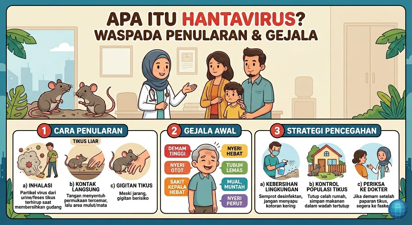 Dco. Ilustrasi edukatif ini merangkum poin-poin penting mengenai Hantavirus yang perlu diwaspadai masyarakat. Gambar ini menjelaskan tiga aspek utama: (1) Cara Penularan, melalui inhalasi partikel kotoran tikus, kontak langsung, atau gigitan; (2) Gejala Awal, seperti demam tinggi, nyeri otot, dan sakit kepala hebat; serta (3) Strategi Pencegahan, yang meliputi menjaga kebersihan lingkungan dengan desinfektan, mengontrol populasi tikus di rumah, dan segera memeriksakan diri ke dokter jika mengalami gejala setelah terpapar lingkungan yang berisiko.