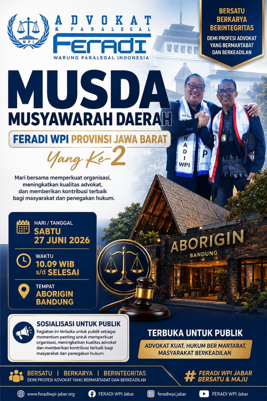 Doc. Ketua Umum FERADI WPI, Adv. Donny Andretti, S.H., S.Kom., M.Kom., C.Md., C.PFW., C.JKJ., C.MDF., (kiri) bersama Ketua DPD FERADI WPI Jawa Barat, H. Adang Bahrowi S, S.H., CH., CHT., C.PFW., C.MDF., C.JKJ., (kanan) dalam flayer kegiatan Musyawarah Daerah (Musda) Ke-2 FERADI WPI Provinsi Jawa Barat yang akan digelar di Aborigin Bandung, Sabtu 27 Juni 2026.