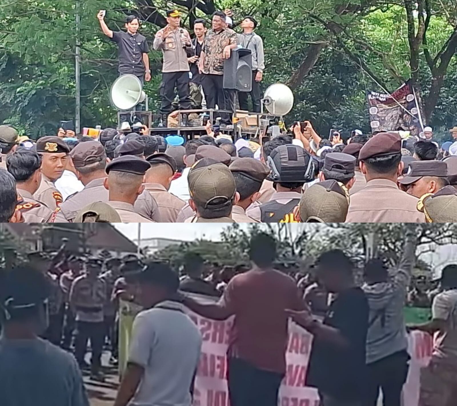 Doc. Pihak kepolisian menyampaikan tanggapan dan arahan dari atas mobil orasi saat aksi unjuk rasa sopir truk terkait kelangkaan solar subsidi berlangsung di depan Kantor Sekretariat Daerah Provinsi Kalimantan Selatan, Banjarbaru, Rabu (13/5/2026). Sementara di kloase bagian bawah, massa aksi tampak berkumpul mendengarkan penyampaian aparat sambil membawa poster tuntutan terkait distribusi BBM subsidi yang dinilai bermasalah.