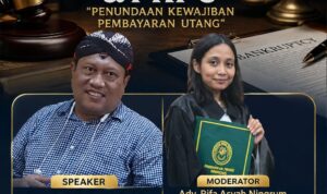 Doc. Poster kegiatan pendidikan dan pelatihan hukum daring bertajuk Hukum Kepailitan & PKPU (Penundaan Kewajiban Pembayaran Utang) yang diselenggarakan FERADI WPI pada Minggu, 17 Mei 2026. Kegiatan menghadirkan Advokat dan Kurator Lukman Muhajir, S.H., M.H., CRA sebagai pemateri serta Advokat Rifa Asyah Ningrum, S.H., S.S., PLDING, C.PFW., C.MDF., C.JKJ. sebagai moderator melalui platform Google Meet.