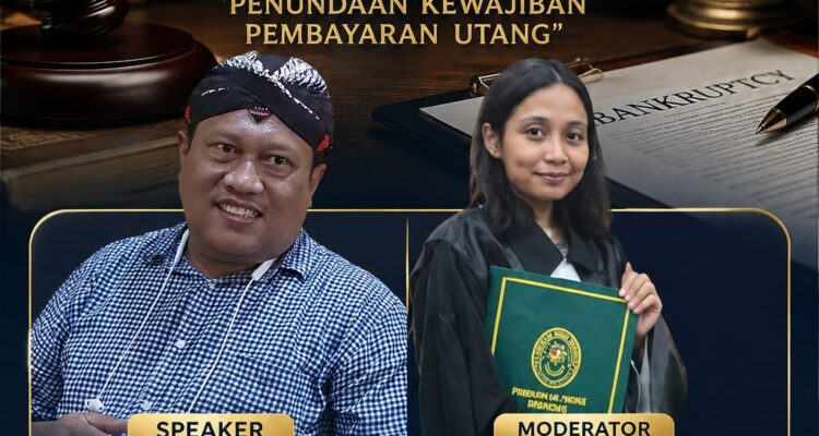 Doc. Poster kegiatan pendidikan dan pelatihan hukum daring bertajuk Hukum Kepailitan & PKPU (Penundaan Kewajiban Pembayaran Utang) yang diselenggarakan FERADI WPI pada Minggu, 17 Mei 2026. Kegiatan menghadirkan Advokat dan Kurator Lukman Muhajir, S.H., M.H., CRA sebagai pemateri serta Advokat Rifa Asyah Ningrum, S.H., S.S., PLDING, C.PFW., C.MDF., C.JKJ. sebagai moderator melalui platform Google Meet.