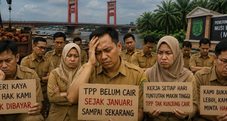 Doc. Ilustrasi sejumlah Pegawai Negeri Sipil (PNS) di Kabupaten Musi Banyuasin (Muba) yang menyampaikan kekecewaan terkait belum cairnya Tambahan Penghasilan Pegawai (TPP) sejak Januari 2026. Keterlambatan pembayaran tersebut disebut memicu keresahan di kalangan aparatur sipil negara karena berdampak terhadap kebutuhan ekonomi keluarga dan aktivitas sehari-hari. Catatan: Gambar ini merupakan ilustrasi visual yang dibuat menggunakan teknologi Artificial Intelligence (AI) dan bukan dokumentasi peristiwa sebenarnya.
