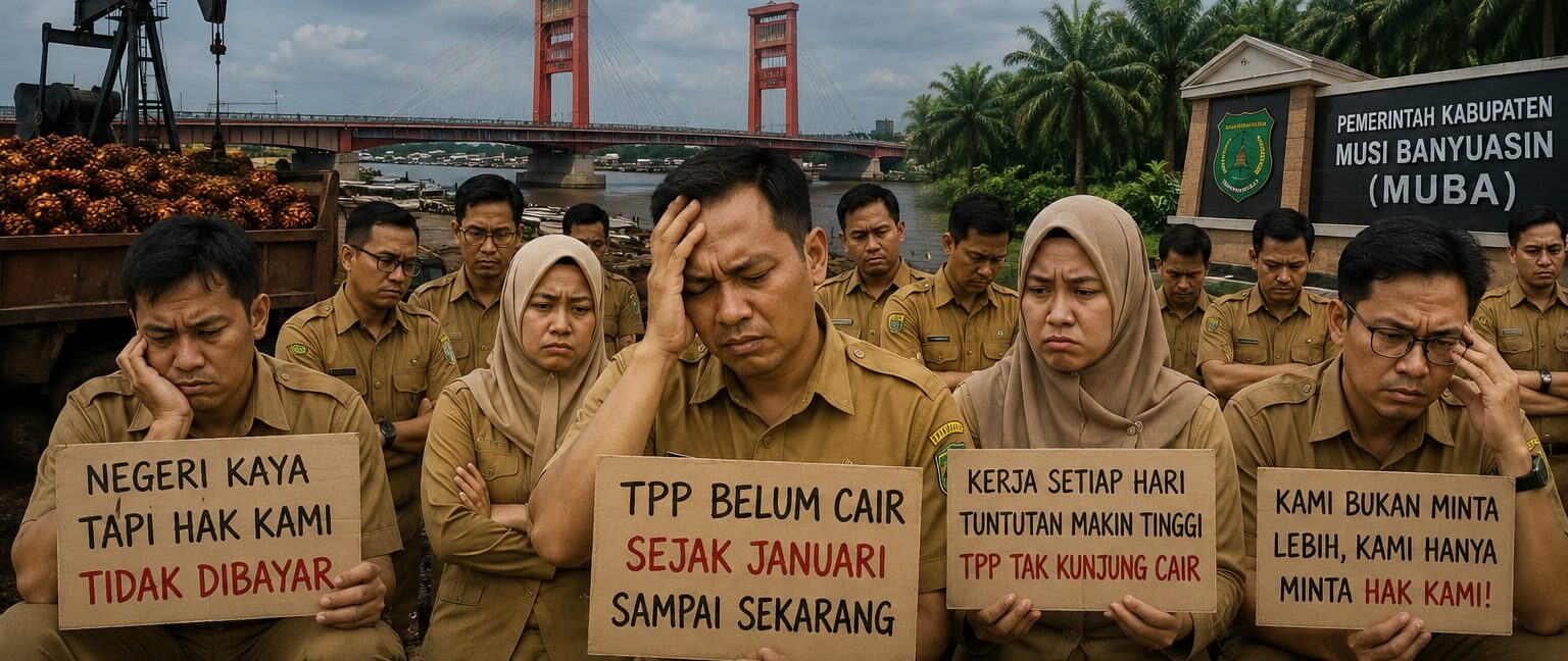 Doc. Ilustrasi sejumlah Pegawai Negeri Sipil (PNS) di Kabupaten Musi Banyuasin (Muba) yang menyampaikan kekecewaan terkait belum cairnya Tambahan Penghasilan Pegawai (TPP) sejak Januari 2026. Keterlambatan pembayaran tersebut disebut memicu keresahan di kalangan aparatur sipil negara karena berdampak terhadap kebutuhan ekonomi keluarga dan aktivitas sehari-hari. Catatan: Gambar ini merupakan ilustrasi visual yang dibuat menggunakan teknologi Artificial Intelligence (AI) dan bukan dokumentasi peristiwa sebenarnya.