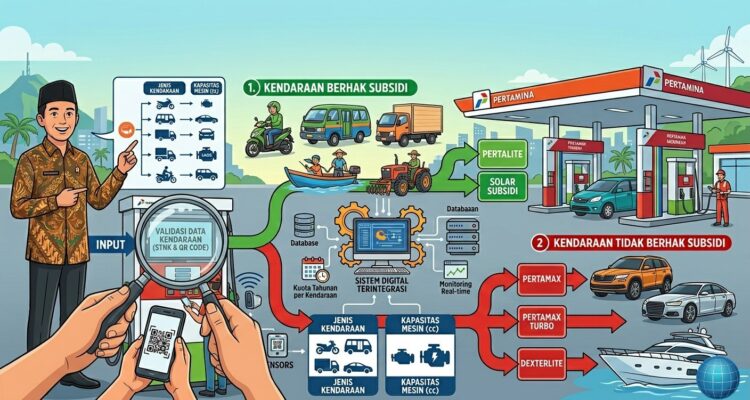 Doc. Ilustrasi skema distribusi BBM subsidi yang menggambarkan mekanisme pembatasan pembelian berdasarkan jenis kendaraan dan kapasitas mesin melalui sistem digital terintegrasi di SPBU. Skema tersebut merupakan gambaran rencana penyaluran subsidi agar lebih tepat sasaran sesuai kebijakan yang tengah disiapkan pemerintah.