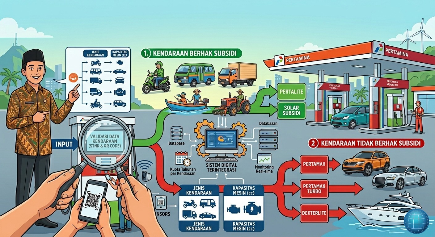 Doc. Ilustrasi skema distribusi BBM subsidi yang menggambarkan mekanisme pembatasan pembelian berdasarkan jenis kendaraan dan kapasitas mesin melalui sistem digital terintegrasi di SPBU. Skema tersebut merupakan gambaran rencana penyaluran subsidi agar lebih tepat sasaran sesuai kebijakan yang tengah disiapkan pemerintah.