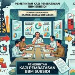 Doc. Ilustrasi mengenai kajian pemerintah terkait rencana pembatasan distribusi BBM subsidi di tengah kenaikan harga minyak dunia dan pelemahan nilai tukar rupiah. Gambar menampilkan gambaran umum dampak ekonomi, opsi kebijakan subsidi, serta potensi mekanisme penyaluran BBM bersubsidi di SPBU. Catatan: Gambar ini hanya merupakan ilustrasi visual dan bukan representasi resmi kebijakan pemerintah.