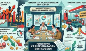 Doc. Ilustrasi mengenai kajian pemerintah terkait rencana pembatasan distribusi BBM subsidi di tengah kenaikan harga minyak dunia dan pelemahan nilai tukar rupiah. Gambar menampilkan gambaran umum dampak ekonomi, opsi kebijakan subsidi, serta potensi mekanisme penyaluran BBM bersubsidi di SPBU. Catatan: Gambar ini hanya merupakan ilustrasi visual dan bukan representasi resmi kebijakan pemerintah.