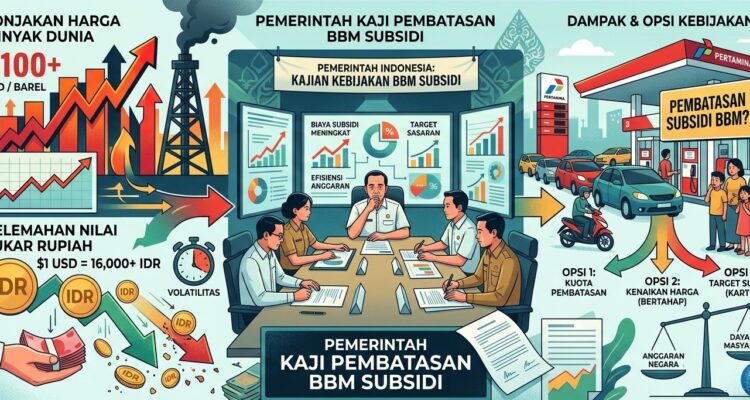 Doc. Ilustrasi mengenai kajian pemerintah terkait rencana pembatasan distribusi BBM subsidi di tengah kenaikan harga minyak dunia dan pelemahan nilai tukar rupiah. Gambar menampilkan gambaran umum dampak ekonomi, opsi kebijakan subsidi, serta potensi mekanisme penyaluran BBM bersubsidi di SPBU. Catatan: Gambar ini hanya merupakan ilustrasi visual dan bukan representasi resmi kebijakan pemerintah.