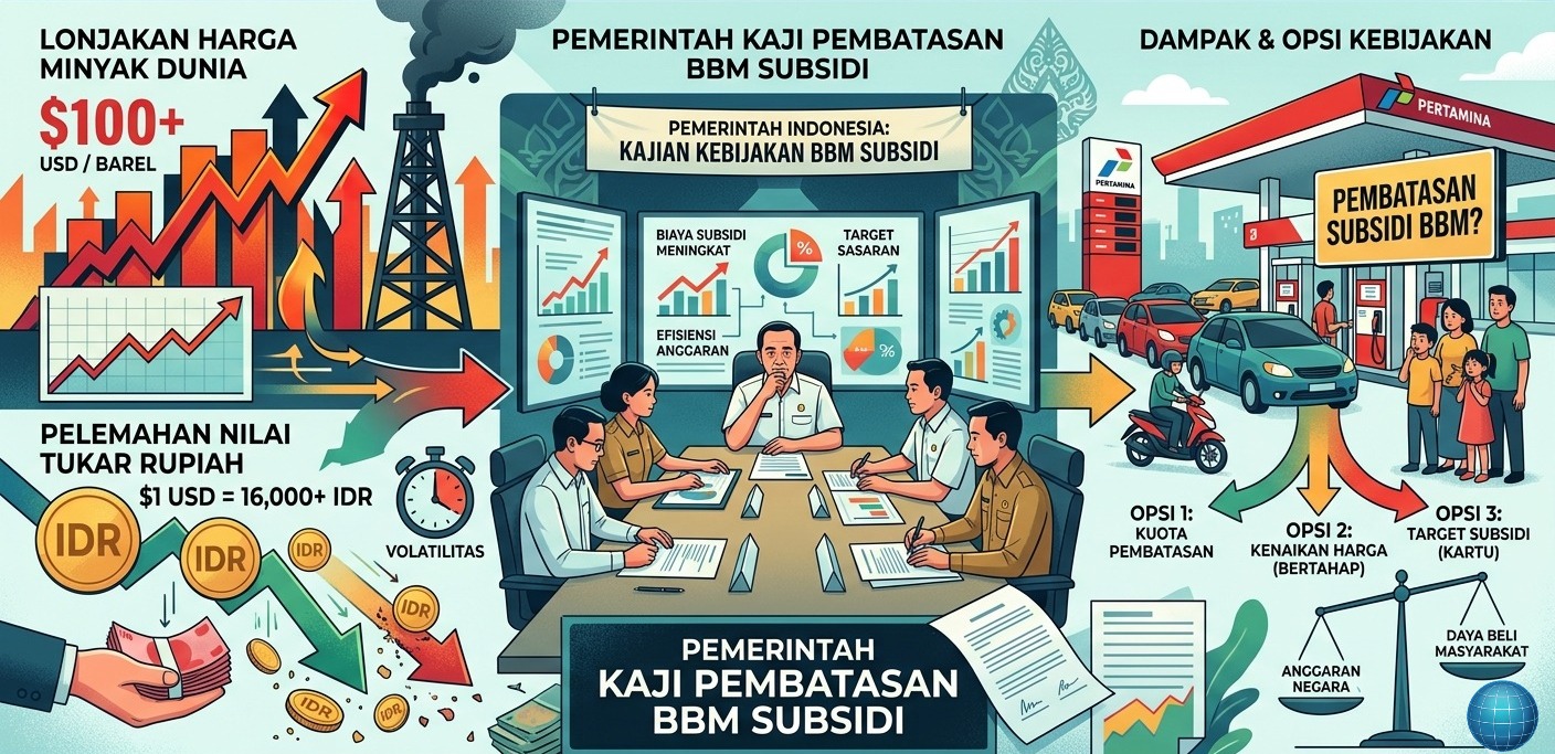 Doc. Ilustrasi mengenai kajian pemerintah terkait rencana pembatasan distribusi BBM subsidi di tengah kenaikan harga minyak dunia dan pelemahan nilai tukar rupiah. Gambar menampilkan gambaran umum dampak ekonomi, opsi kebijakan subsidi, serta potensi mekanisme penyaluran BBM bersubsidi di SPBU. Catatan: Gambar ini hanya merupakan ilustrasi visual dan bukan representasi resmi kebijakan pemerintah.