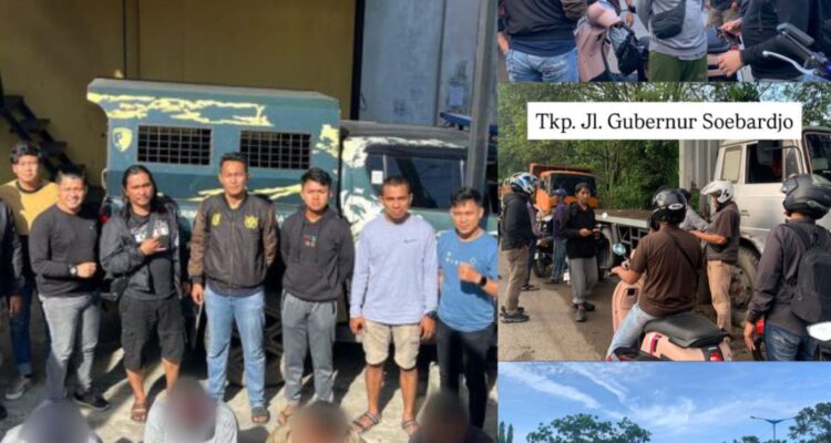 Doc. Kompliasi foto saat aparat gabungan Satreskrim Polresta Banjarmasin bersama Resmob Ditreskrimum Polda Kalimantan Selatan mengamankan sejumlah terduga pelaku terkait dugaan praktik pungutan liar di kawasan SPBU Basirih, Jalan Gubernur Soebarjo, Banjarmasin, Sabtu (16/5/2026). Para terduga kemudian dibawa ke Mapolresta Banjarmasin untuk menjalani pemeriksaan lebih lanjut.