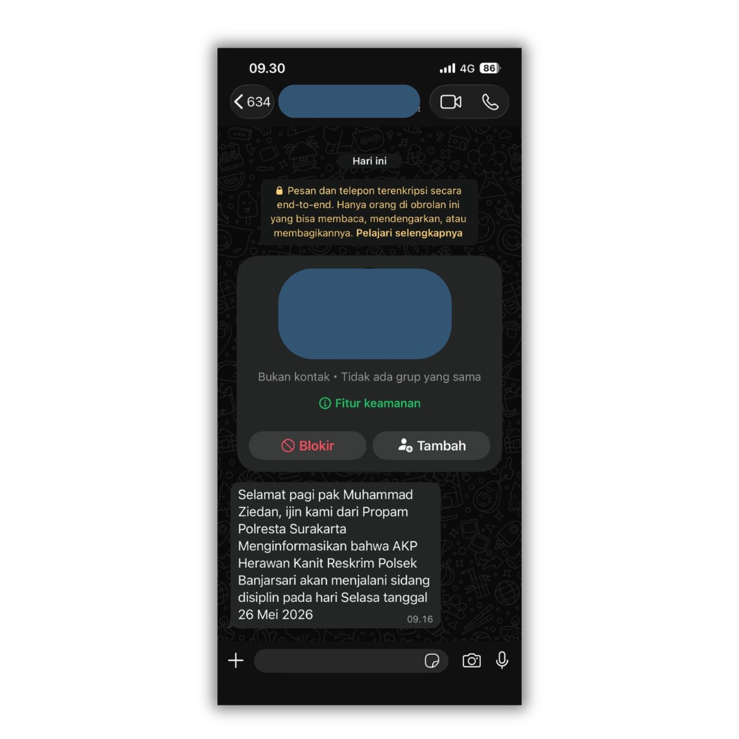 Doc. Tangkapan layar pesan WhatsApp yang diterima Muhammad Ziedan terkait pemberitahuan jadwal sidang disiplin terhadap AKP Herawan. Nomor telepon dan foto profil pengirim sengaja diburamkan (blur) guna melindungi privasi pihak pengirim serta menghindari penyebaran data pribadi sesuai prinsip perlindungan identitas dalam etika jurnalistik dan keamanan digital.