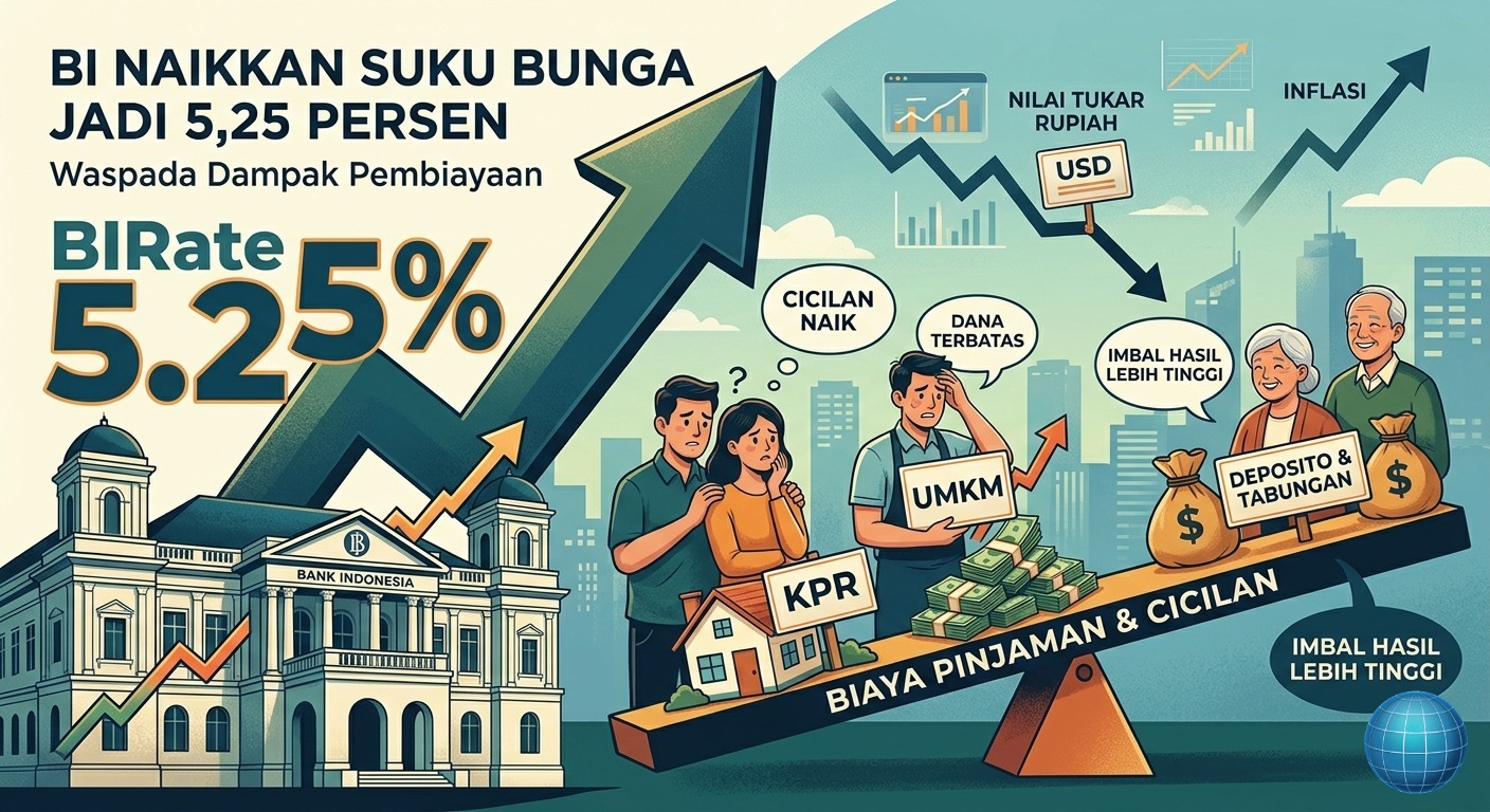 Doc. Ilustrasi dampak kenaikan suku bunga acuan Bank Indonesia (BI Rate) menjadi 5,25 persen terhadap sektor pembiayaan, nilai tukar rupiah, inflasi, serta masyarakat. Kebijakan tersebut diperkirakan memengaruhi cicilan kredit KPR, pembiayaan UMKM, dan biaya pinjaman, namun di sisi lain berpotensi meningkatkan imbal hasil deposito dan tabungan masyarakat.
