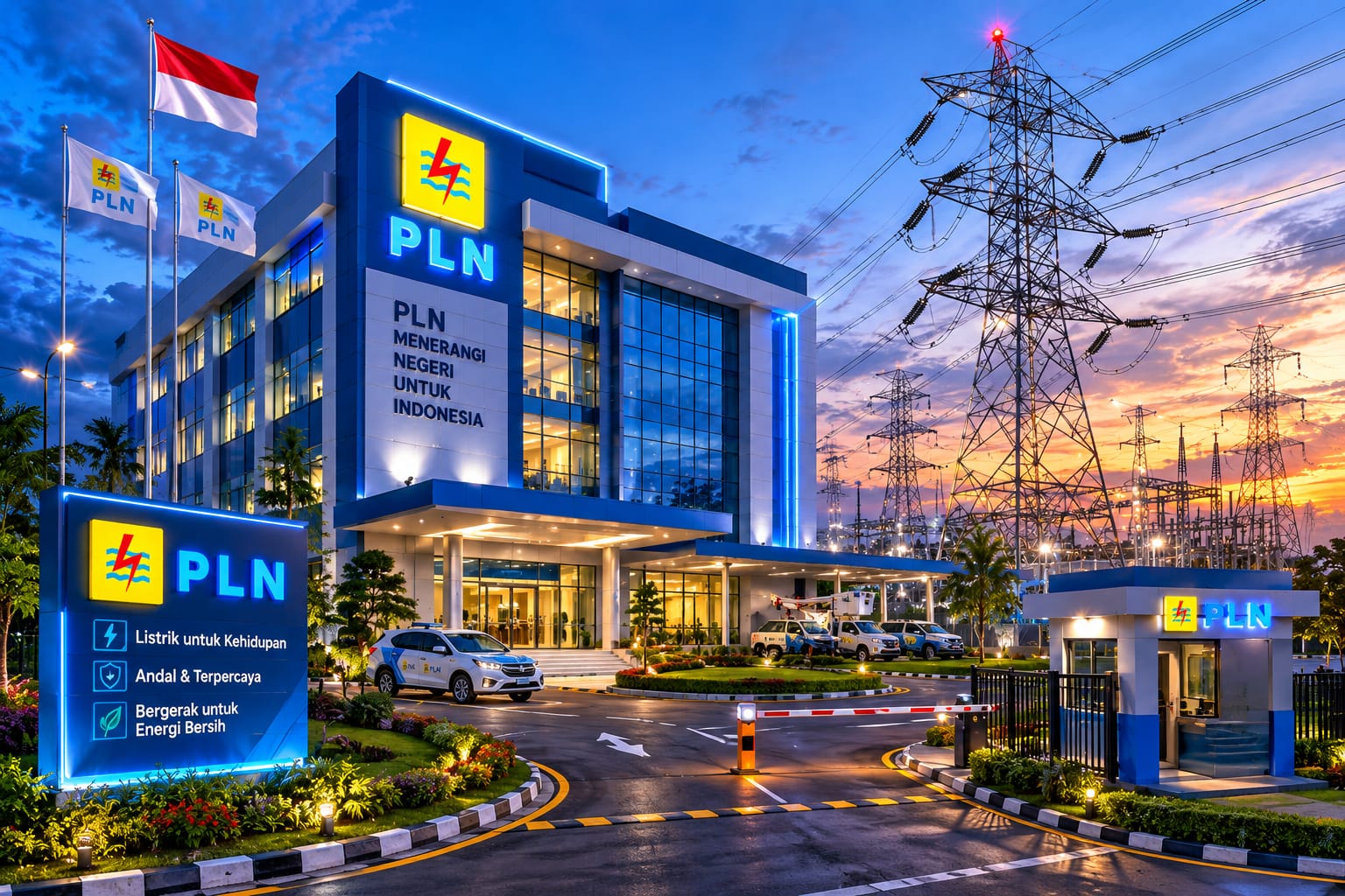 Doc. Ilustrasi gedung PLN dan jaringan transmisi listrik tegangan tinggi di tengah isu pemadaman listrik massal yang melanda sejumlah wilayah di Pulau Sumatera. Gangguan pasokan listrik tersebut memicu sorotan terhadap ketahanan infrastruktur energi nasional dan sistem kelistrikan lintas provinsi. Catatan: Gambar ini hanya merupakan ilustrasi dan tidak menggambarkan kondisi atau lokasi kejadian sebenarnya.