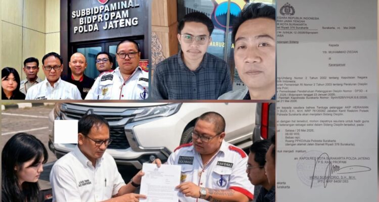 Doc. Kompilasi dokumentasi proses pendampingan hukum dan perkembangan penanganan dugaan pelanggaran disiplin oknum Kanit Reskrim Polsek Banjarsari Surakarta. Tampak tim kuasa hukum dari Subur Jaya dan Rekan bersama FERADI WPI saat mendampingi saksi dan pelapor di Bidpropam Polda Jawa Tengah, dokumentasi surat panggilan sidang disiplin, serta kendaraan Mitsubishi Pajero Sport yang menjadi objek perkara dugaan perampasan kendaraan di Surakarta.