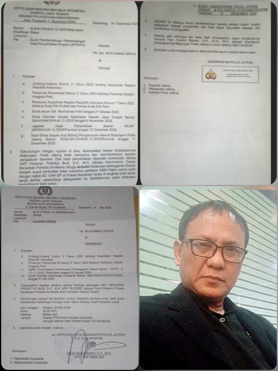 Doc. Kolase dokumen Surat Pemberitahuan Perkembangan Hasil Penyelidikan Propam (SP2HP2) Bidpropam Polda Jawa Tengah, surat undangan sidang disiplin Polresta Surakarta, serta foto Mochammad Arifin selaku pelapor dan Waketum FERADI WPI terkait perkara dugaan pelanggaran disiplin AKP Herawan Prasetyo Budi, S.H., M.H., dalam penanganan penitipan kendaraan Mitsubishi Pajero Sport di Polsek Banjarsari Surakarta.