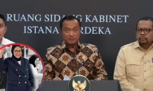 Doc. Pada latar belakang tampak Menteri Sekretaris Negara menyampaikan keterangan pers terkait restrukturisasi kepemimpinan BGN, sementara pada lingkaran inset (close-up) ditampilkan Nanik S. Deyang yang ditunjuk sebagai Kepala BGN yang baru. Pergantian kepemimpinan diumumkan pemerintah pada 2 Juni 2026 sebagai bagian dari penguatan tata kelola dan pengawasan Program Makan Bergizi Gratis (MBG).