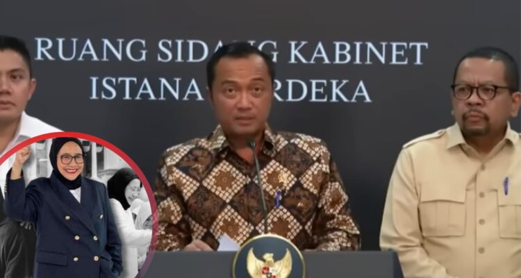 Doc. Pada latar belakang tampak Menteri Sekretaris Negara menyampaikan keterangan pers terkait restrukturisasi kepemimpinan BGN, sementara pada lingkaran inset (close-up) ditampilkan Nanik S. Deyang yang ditunjuk sebagai Kepala BGN yang baru. Pergantian kepemimpinan diumumkan pemerintah pada 2 Juni 2026 sebagai bagian dari penguatan tata kelola dan pengawasan Program Makan Bergizi Gratis (MBG).