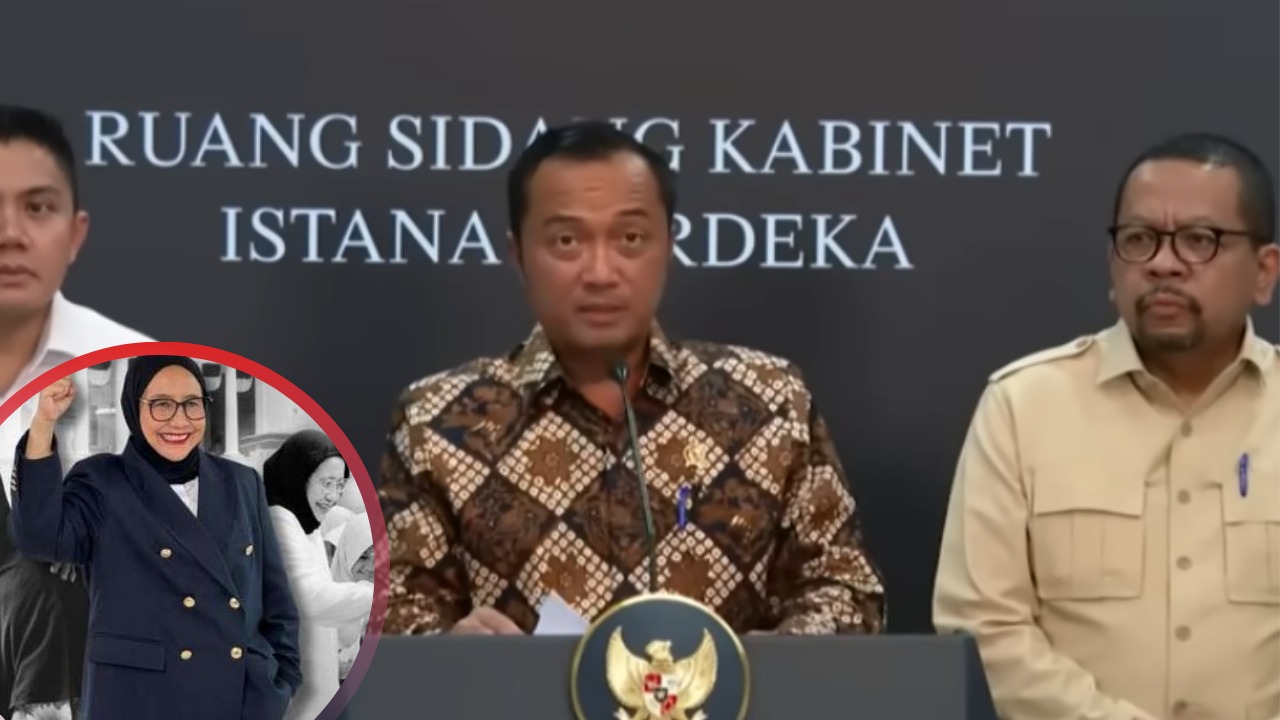 Doc. Pada latar belakang tampak Menteri Sekretaris Negara menyampaikan keterangan pers terkait restrukturisasi kepemimpinan BGN, sementara pada lingkaran inset (close-up) ditampilkan Nanik S. Deyang yang ditunjuk sebagai Kepala BGN yang baru. Pergantian kepemimpinan diumumkan pemerintah pada 2 Juni 2026 sebagai bagian dari penguatan tata kelola dan pengawasan Program Makan Bergizi Gratis (MBG).