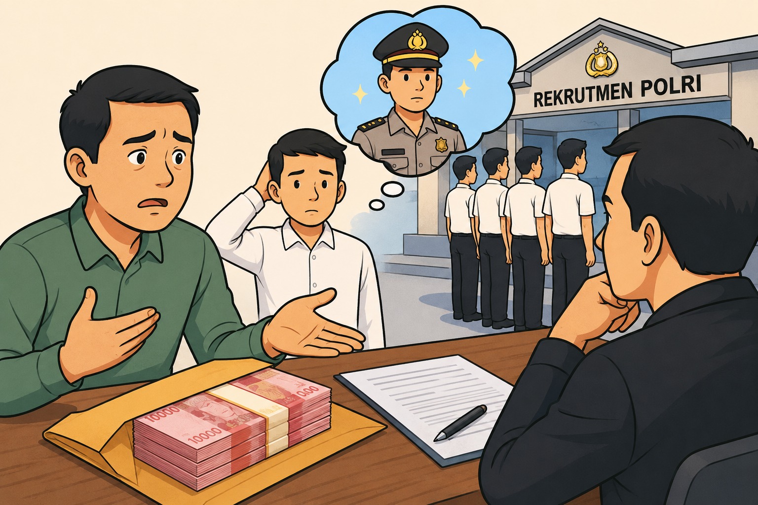 Doc. Ilustrasi dugaan praktik perantara dalam proses rekrutmen anggota Polri yang menjadi bagian dari konteks pemberitaan. Catatan Redaksi: Gambar ini hanya merupakan ilustrasi visual untuk melengkapi pemberitaan, bukan dokumentasi aktual dari para pihak atau instansi yang bersangkutan. Seluruh pihak dalam berita ini tetap berhak atas asas praduga tak bersalah.