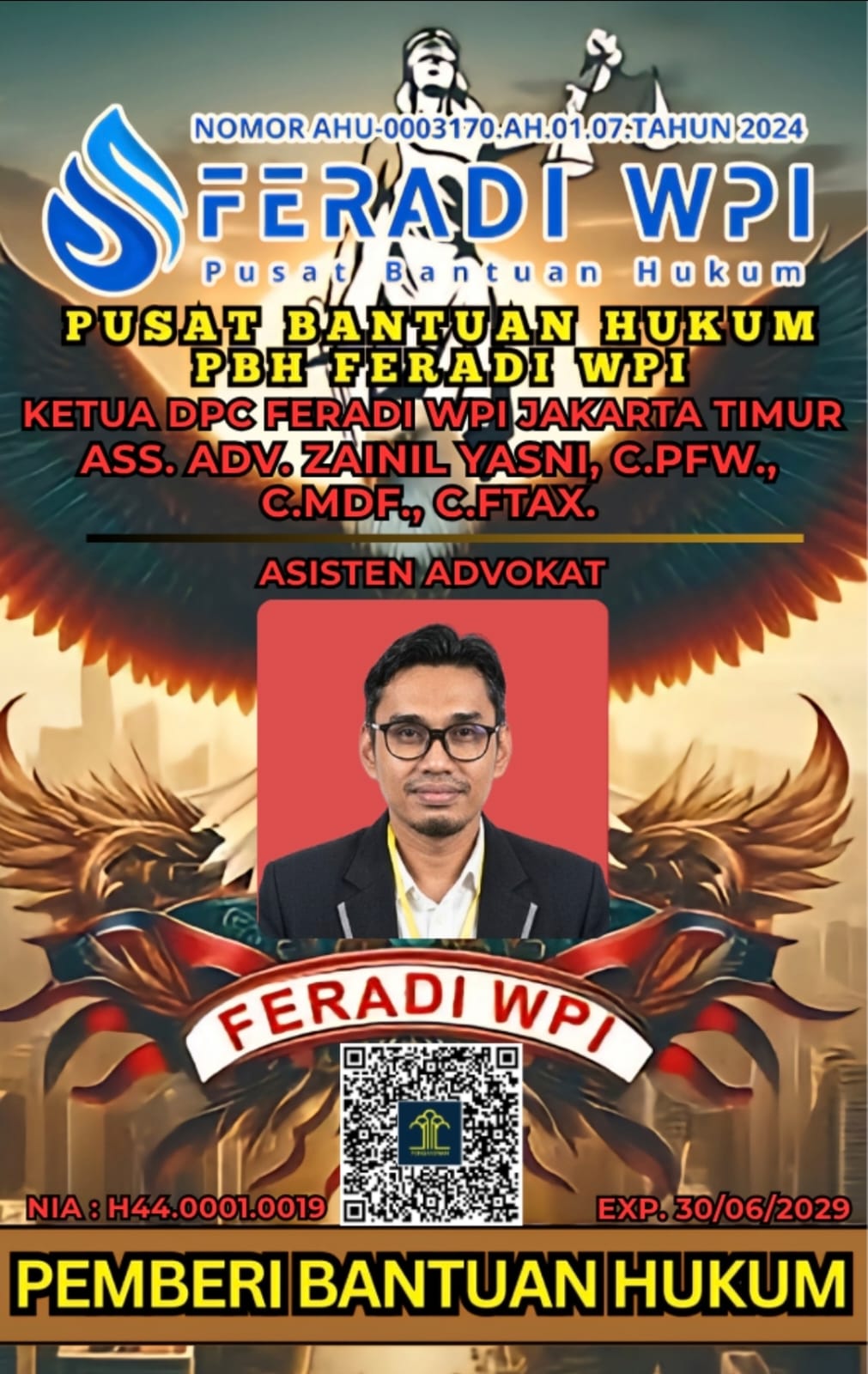 Doc. Kartu Tanda Anggota (KTA) FERADI WPI milik Zainil Yasni sebagai identitas resmi keanggotaan dalam organisasi, yang digunakan dalam kegiatan pelantikan dan aktivitas kelembagaan DPC FERADI WPI Jakarta Timur.