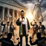 Doc. Adv. Erwin Maulana, S.H., C.PFW., C.MDF., C.JKJ., C.FTAX. (tengah) sebagai Ketua DPC FERADI WPI Kota Bogor periode 2026–2031, diilustrasikan berdiri di garis depan penegakan hukum bersama jajaran anggota hukum dan paralegal, dengan simbol keadilan dan perlawanan terhadap ketidakadilan serta korupsi sebagai representasi komitmen organisasi dalam memberikan bantuan hukum dan memperjuangkan akses keadilan bagi masyarakat.