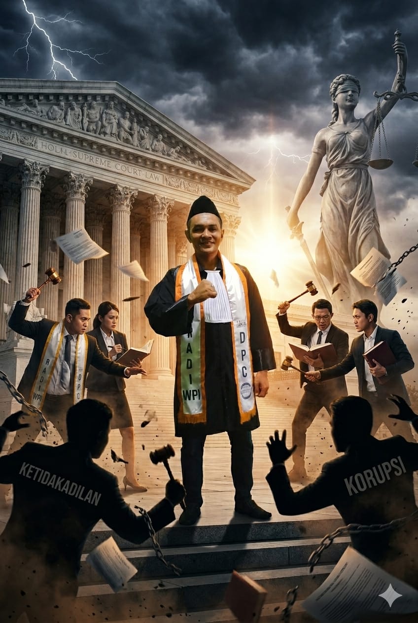 Doc. Adv. Erwin Maulana, S.H., C.PFW., C.MDF., C.JKJ., C.FTAX. (tengah) sebagai Ketua DPC FERADI WPI Kota Bogor periode 2026–2031, diilustrasikan berdiri di garis depan penegakan hukum bersama jajaran anggota hukum dan paralegal, dengan simbol keadilan dan perlawanan terhadap ketidakadilan serta korupsi sebagai representasi komitmen organisasi dalam memberikan bantuan hukum dan memperjuangkan akses keadilan bagi masyarakat.
