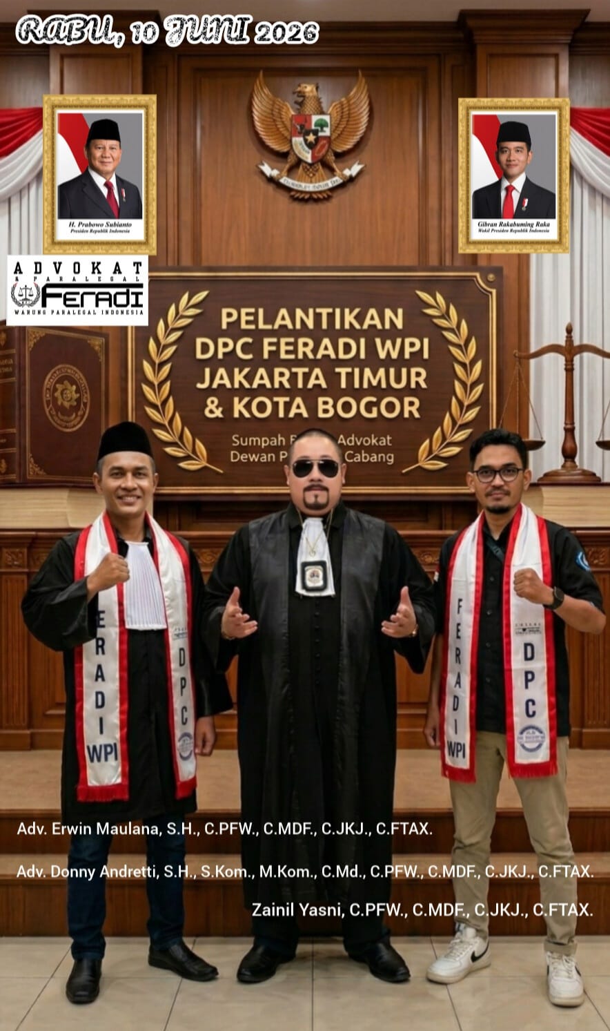 Doc. Ketua Umum FERADI WPI Adv. Donny Andretti (tengah), bersama Adv. Erwin Maulana dan Zainil Yasni saat menghadiri agenda organisasi. Ketiganya dijadwalkan terlibat dalam pelantikan pengurus DPC FERADI WPI Jakarta Timur dan Kota Bogor masa bakti 2026–2031 di Bogor.