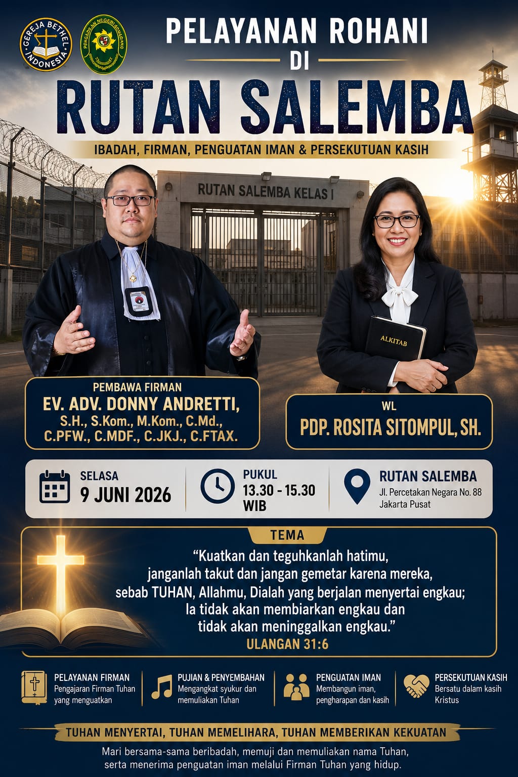 Doc. Ketua Umum FERADI WPI, Adv. Donny Andretti, bersama Pdp. Rosita Sitompul dijadwalkan melayani dalam kegiatan Pelayanan Rohani di Rutan Salemba, Jakarta Pusat, Selasa (9/6/2026).