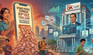 Utang Pinjaman Online Tembus Rp102 Triliun, OJK Perketat Pengawasan Industri Pinjol Doc. Ilustrasi pengawasan industri pinjaman online (pinjol) oleh OJK. Total utang pinjaman daring masyarakat Indonesia mencetak rekor baru dengan menembus Rp102 triliun hingga April 2026. Guna menjaga keberlangsungan industri yang sehat, OJK memperketat pengawasan serta menindak tegas penyelenggara yang belum memenuhi standar permodalan dan regulasi yang berlaku.
