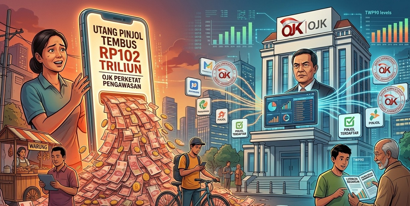 Doc. Ilustrasi pengawasan industri pinjaman online (pinjol) oleh OJK. Total utang pinjaman daring masyarakat Indonesia mencetak rekor baru dengan menembus Rp102 triliun hingga April 2026. Guna menjaga keberlangsungan industri yang sehat, OJK memperketat pengawasan serta menindak tegas penyelenggara yang belum memenuhi standar permodalan dan regulasi yang berlaku.