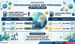 Doc. INFOGRAFIS: Rincian penyesuaian harga BBM Pertamina per 10 Juni 2026. Harga non-subsidi (Pertamax & Pertamax Green) mengalami kenaikan akibat fluktuasi minyak dunia dan nilai tukar rupiah, sementara harga BBM subsidi (Pertalite & Biosolar) dinyatakan tetap. (Redaksi: KawanJariNews.com).