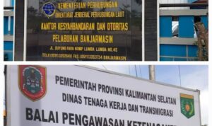 Doc. Papan nama Kantor Kesyahbandaran dan Otoritas Pelabuhan (KSOP) Kelas I Banjarmasin yang berada di bawah Kementerian Perhubungan Republik Indonesia. Instansi ini memiliki tugas melaksanakan pengawasan keselamatan dan keamanan pelayaran serta pelayanan kepelabuhanan di wilayah kerja Pelabuhan Banjarmasin.