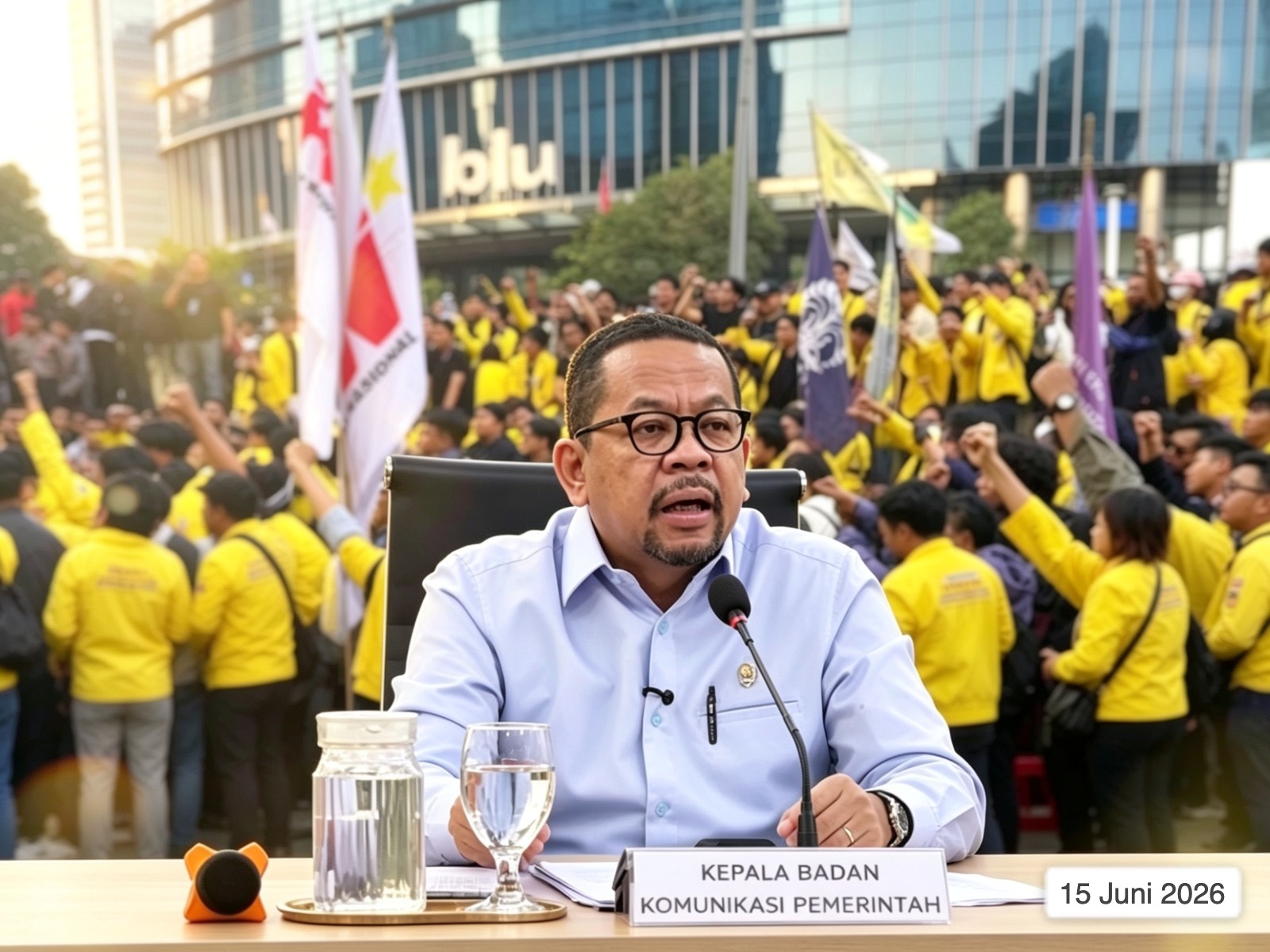Doc. Kepala Badan Komunikasi Pemerintah, Muhammad Qodari, dalam foto ilustrasi dengan latar belakang massa aksi demonstrasi mahasiswa di Jakarta. Pemerintah memberikan tanggapan terhadap sejumlah tuntutan yang disampaikan peserta aksi terkait berbagai isu kebijakan publik nasional.
