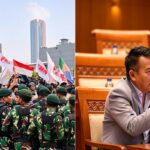 Doc. Ilustrasi gabungan memperlihatkan personel TNI saat melakukan pengamanan di kawasan Jakarta (kiri) dan Anggota Komisi I DPR RI, TB Hasanuddin, saat menyampaikan pandangannya terkait dugaan keterlibatan Komponen Cadangan (Komcad) dalam pengamanan aksi demonstrasi mahasiswa (kanan).