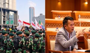 Doc. Ilustrasi gabungan memperlihatkan personel TNI saat melakukan pengamanan di kawasan Jakarta (kiri) dan Anggota Komisi I DPR RI, TB Hasanuddin, saat menyampaikan pandangannya terkait dugaan keterlibatan Komponen Cadangan (Komcad) dalam pengamanan aksi demonstrasi mahasiswa (kanan).