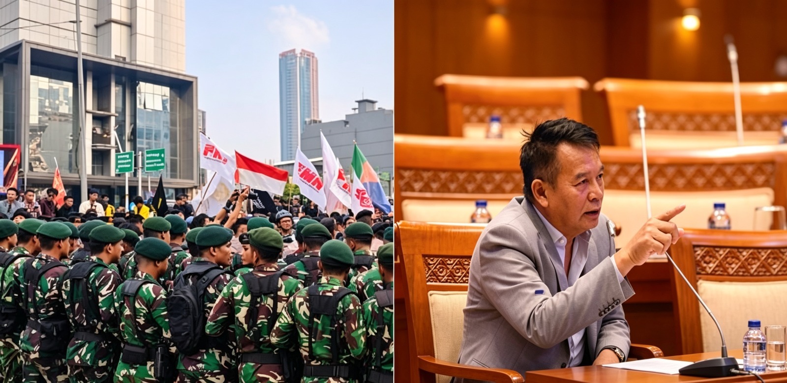 Doc. Ilustrasi gabungan memperlihatkan personel TNI saat melakukan pengamanan di kawasan Jakarta (kiri) dan Anggota Komisi I DPR RI, TB Hasanuddin, saat menyampaikan pandangannya terkait dugaan keterlibatan Komponen Cadangan (Komcad) dalam pengamanan aksi demonstrasi mahasiswa (kanan).