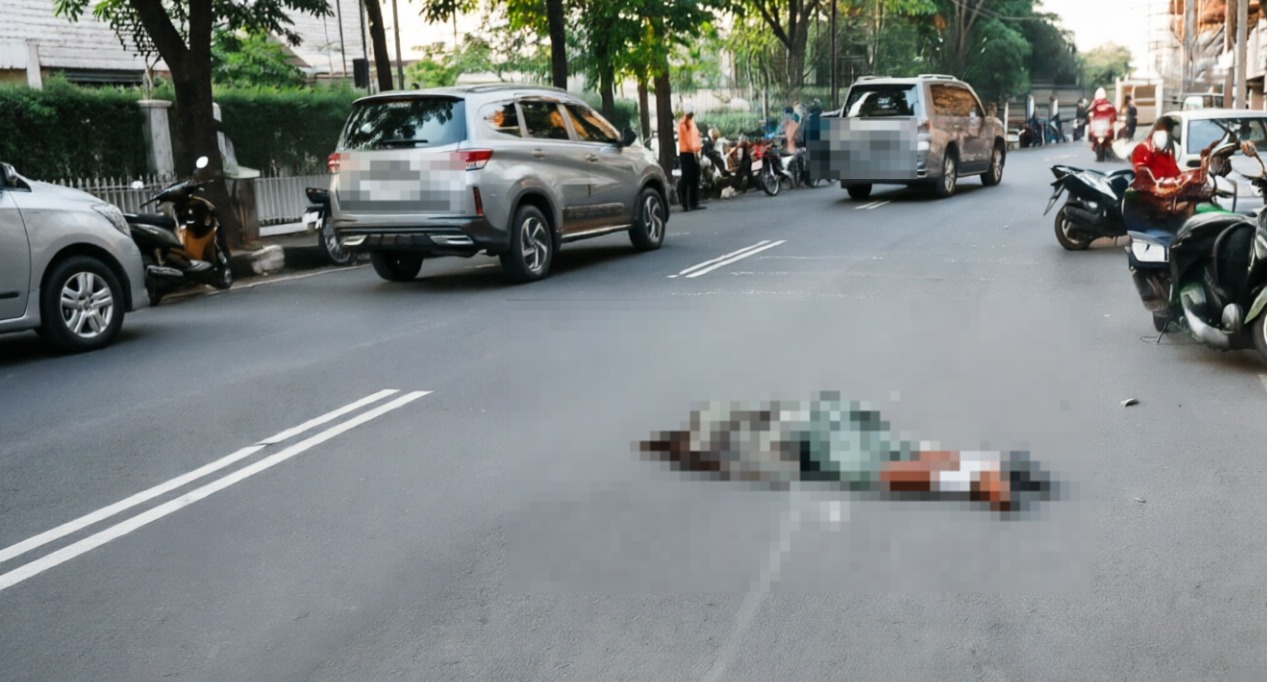 Doc. Suasana lokasi kecelakaan lalu lintas di Jalan Lauser, Kebayoran Baru, Jakarta Selatan, yang mengakibatkan seorang pelajar meninggal dunia, Kamis (18/6/2026). Redaksi memburamkan (blur) bagian korban pada foto guna menghormati privasi korban dan keluarga serta menghindari penayangan visual yang dapat menimbulkan dampak traumatis bagi pembaca.