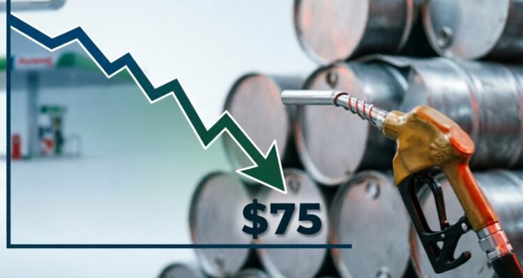 Doc. Ilustrasi penurunan harga minyak mentah dunia yang menyentuh level USD 75 per barel pada pertengahan Juni 2026. Grafik menunjukkan tren penurunan harga minyak dalam lima sesi perdagangan berturut-turut, diiringi visualisasi pompa bahan bakar dan tumpukan barrel minyak. Penurunan ini memunculkan pertanyaan apakah harga BBM non-subsidi seperti Pertamax yang sebelumnya naik menjadi Rp16.250 per liter pada 10 Juni 2026 akan ikut mengalami penyesuaian turun dalam waktu dekat.