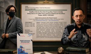Doc. Eko Wahyu Pramono (kiri) dan Adv. Yulianto Kiswocahyono, S.E., S.H., BKP (kanan), mahasiswa Program Studi Magister Ilmu Hukum Fakultas Ilmu Hukum Universitas Mpu Tantular, ditampilkan dalam ilustrasi yang menggambarkan publikasi artikel ilmiah mereka di Jurnal PESHUM Vol. 5 No. 4 Tahun 2026 tentang implikasi desain dua kaki Pengadilan Pajak terhadap independensi peradilan pasca Putusan Mahkamah Konstitusi Nomor 26/PUU-XXI/2023.