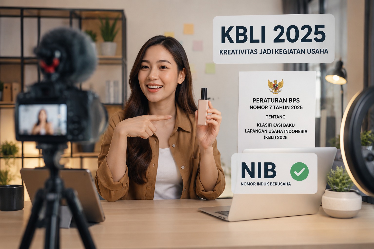 Doc. Ilustrasi seorang content creator sedang membuat konten digital di depan kamera dan perangkat produksi. Ilustrasi ini menggambarkan aktivitas kreator konten yang memperoleh pendapatan dari monetisasi, endorsement, dan kerja sama komersial, yang dalam KBLI 2025 diakui sebagai kegiatan usaha dan berkaitan dengan kepemilikan Nomor Induk Berusaha (NIB). (Foto: Ilustrasi)