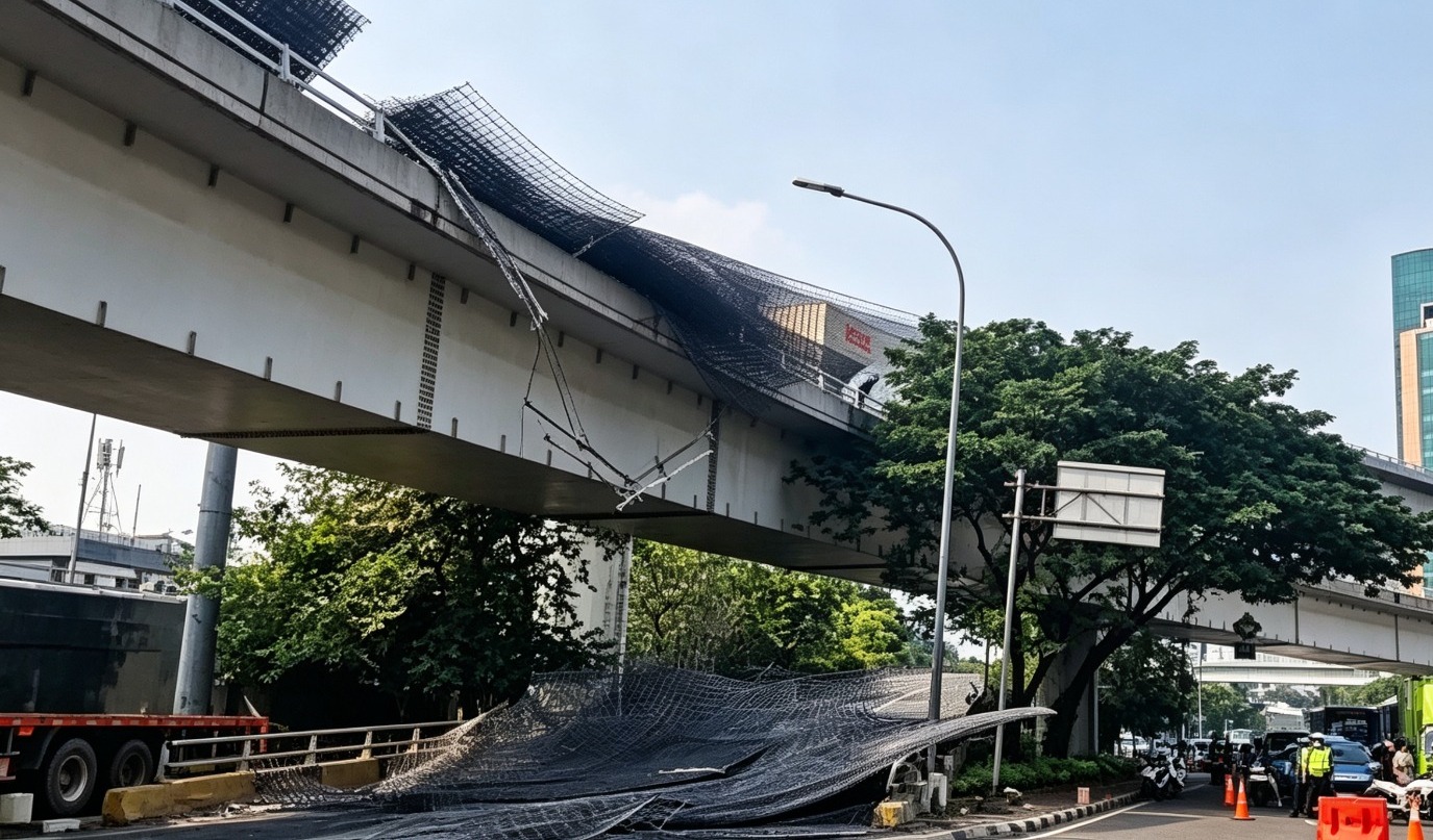Doc. Kondisi ruas jalan layang Tomang–Grogol, Jakarta, setelah muatan lembaran besi dari sebuah truk pengangkut material konstruksi terlepas dan berserakan di badan jalan, Rabu (24/6/2026). Insiden tersebut sempat mengganggu arus lalu lintas dan memerlukan proses evakuasi oleh petugas gabungan.