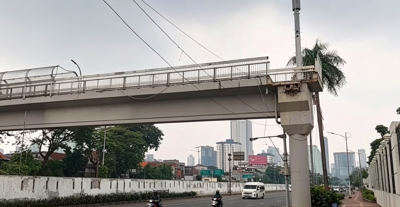 Doc. Kondisi Jembatan Penyeberangan Orang (JPO) di Jalan Gatot Subroto, Jakarta Pusat, tepat di depan kawasan DPR/MPR RI, yang terlihat tidak lagi berfungsi setelah bagian tangga naik dan turun di kedua sisi dibongkar. Struktur utama jembatan masih berdiri, namun akses penyeberangan bagi pejalan kaki sudah tidak dapat digunakan.