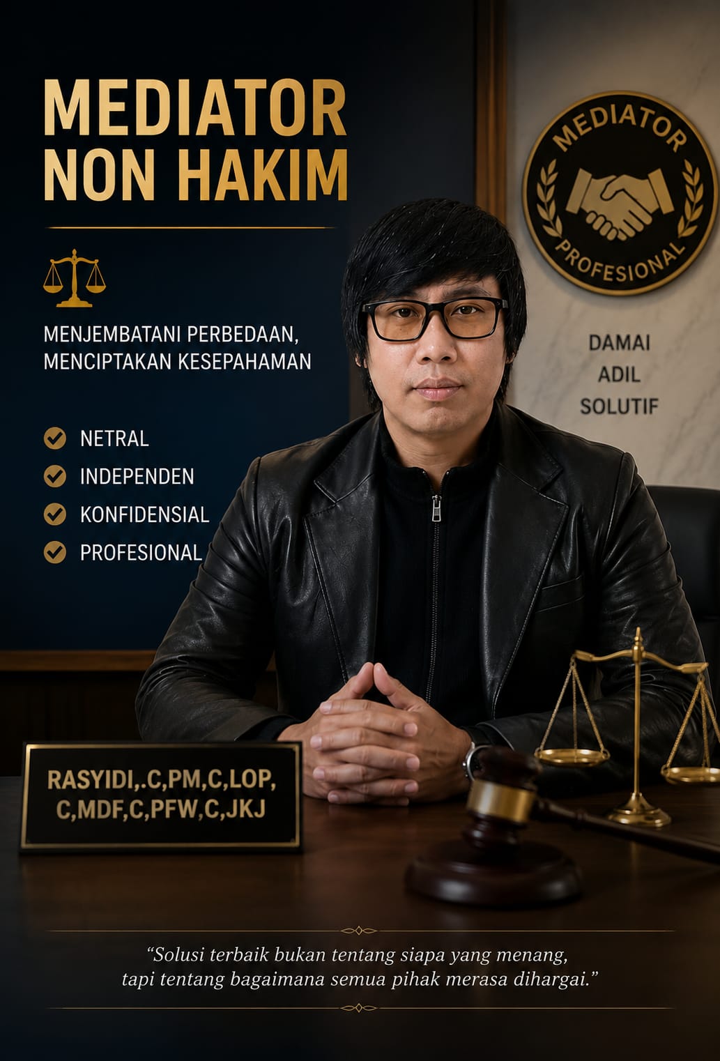 Doc. Rasyidi, C.PM., C.LOP., C.MDF., C.PFW., C.JKJ. (Didik Castielo), Mediator Non Hakim pada Pengadilan Negeri Situbondo sekaligus anggota FERADI MEDIATORE Nomor Registrasi 03.091/C.MDF/2025, usai resmi menerima penetapan sebagai Mediator Non Hakim. Penunjukan tersebut diharapkan dapat memperkuat layanan penyelesaian sengketa melalui mediasi yang mengedepankan musyawarah, perdamaian, serta kepastian hukum bagi masyarakat.
