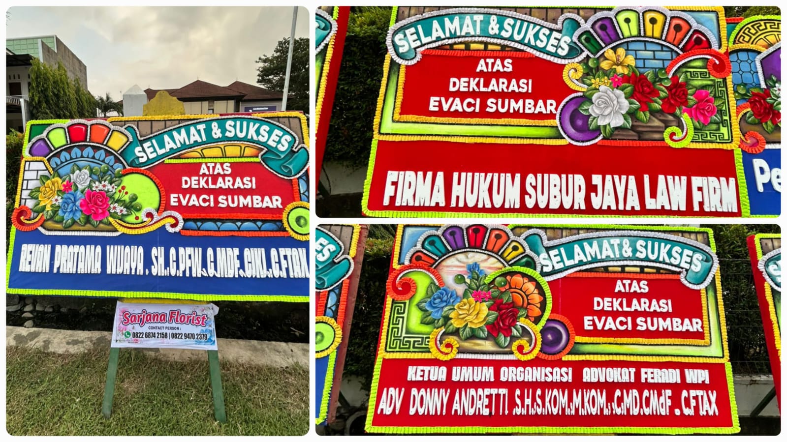 Doc. Karangan bunga ucapan selamat turut menghiasi lokasi Deklarasi EVACI Indonesia di Daima Gardenstay Hotel, Kota Padang, Minggu (28/6/2026). Karangan bunga tersebut menjadi bentuk apresiasi dan dukungan atas suksesnya penyelenggaraan deklarasi serta pelantikan kepengurusan EVACI Indonesia Periode 2026–2028, yang mengusung semangat kebersamaan "We Are Real Family."