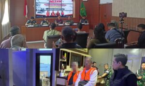 Doc. Tim Kejaksaan Negeri Barito Kuala menyampaikan perkembangan penanganan perkara dugaan tindak pidana korupsi pengelolaan keuangan PDAM Barito Kuala dalam konferensi pers di Barito Kuala. Kolase bawah: tersangka kasus dugaan korupsi pengelolaan keuangan PDAM Barito Kuala mengenakan rompi tahanan usai ditetapkan sebagai tersangka dan ditahan untuk kepentingan penyidikan. Perkara masih dalam proses penyidikan dan para tersangka tetap memperoleh hak atas asas praduga tak bersalah hingga adanya putusan pengadilan yang berkekuatan hukum tetap.
