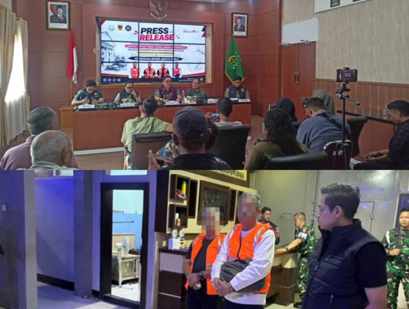 Doc. Tim Kejaksaan Negeri Barito Kuala menyampaikan perkembangan penanganan perkara dugaan tindak pidana korupsi pengelolaan keuangan PDAM Barito Kuala dalam konferensi pers di Barito Kuala. Kolase bawah: tersangka kasus dugaan korupsi pengelolaan keuangan PDAM Barito Kuala mengenakan rompi tahanan usai ditetapkan sebagai tersangka dan ditahan untuk kepentingan penyidikan. Perkara masih dalam proses penyidikan dan para tersangka tetap memperoleh hak atas asas praduga tak bersalah hingga adanya putusan pengadilan yang berkekuatan hukum tetap.