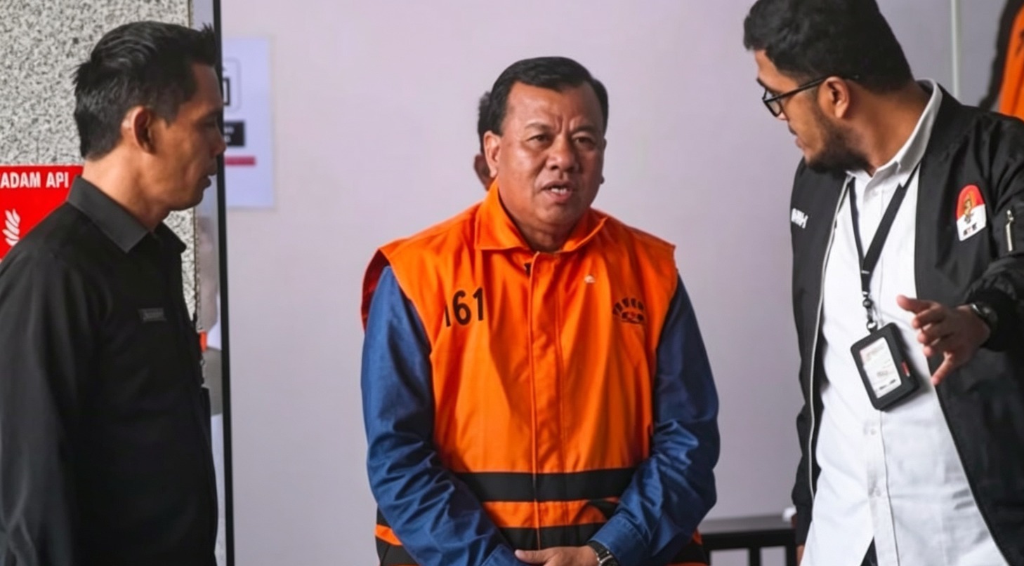 Doc. Bupati Kuantan Singingi, Suhardiman Amby, saat berada di Gedung Merah Putih KPK, Jakarta, setelah diamankan dalam operasi penindakan Komisi Pemberantasan Korupsi (KPK). Penyidik masih mendalami dugaan tindak pidana korupsi melalui pemeriksaan saksi, penelusuran aliran dana, dan pengumpulan alat bukti sesuai ketentuan hukum yang berlaku.